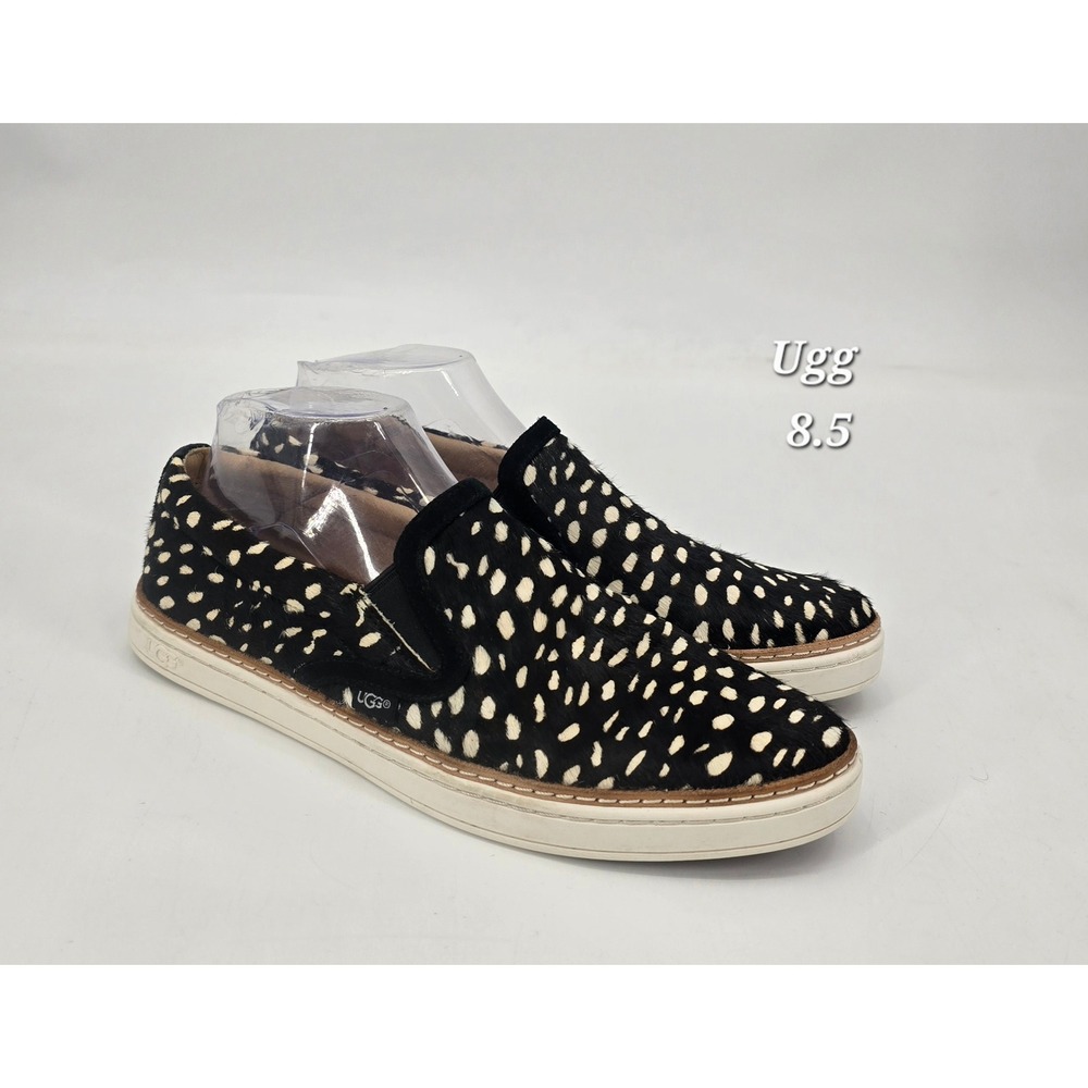 UGG Soleda Exotic Calf Hair Slip On Sneakers Womens 8.5 Black White Spotted